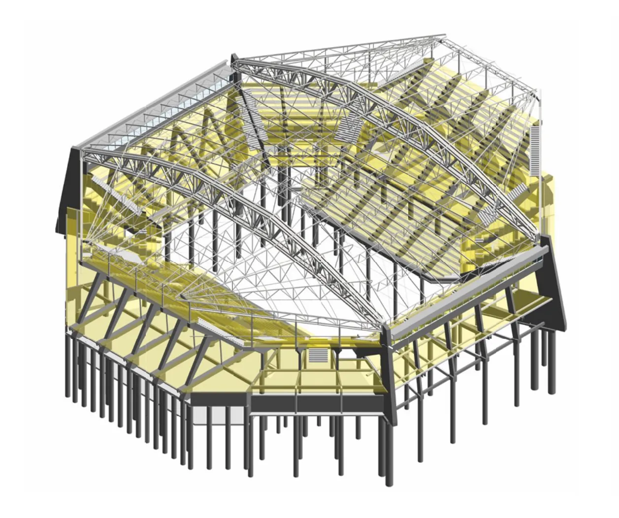 Modello BIM strutturale del Palasport di Siena in assonometria