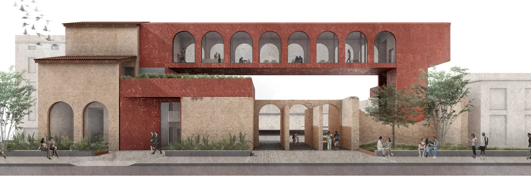 Prospetto renderizzato del nuovo volume a ponte sulle rovine del convento