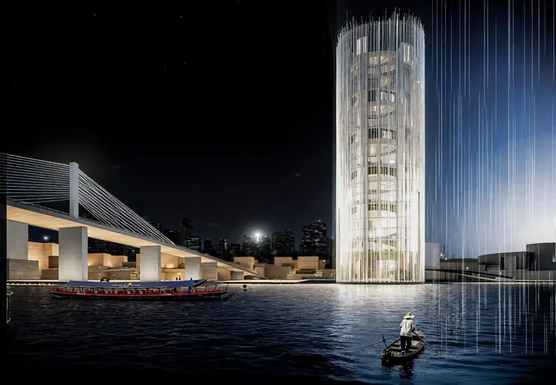 Render notturno della torre sul fiume Chao Phraya