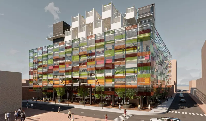 Render del Complesso Agro-Urbano con la facciata in vetro colorato