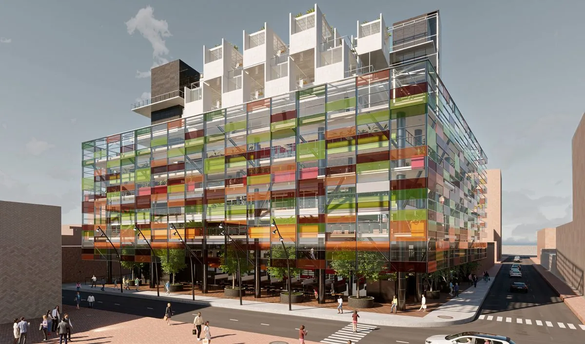 Render del Complesso Agro-Urbano con la facciata in vetro colorato